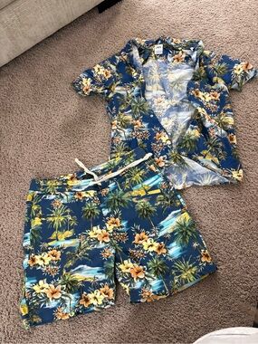 MENS- Zara Blue Tropical Floral Shirt and Drawstring Shorts Set